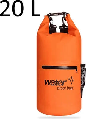 Produktbild von Drybag 20L in Orange, wasserdichter Seesack, Rollbeutel mit zusätzlicher Netztasche, Reissverschlusstasche und 2 Tragegurten zur Verwendung als Rucksack