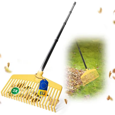Produktbild von Novatool 2x Laubbesen mit 4tlg Steck- und Schraubstiel, 2 in 1 Kombigerät, Laubbesen & Laubgabel mit 20 Kunststoff-Zinken, Arbeitsbreite 45cm, Laubrechen, Gartenbesen, Rasenrechen, Harke, Gartengerät