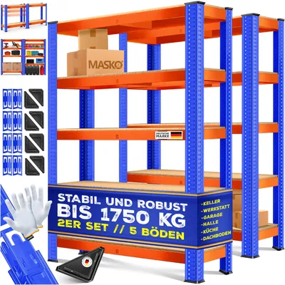 Image de MASKO® - Lot de 2 étagères de rangement robustes, idéales pour les caves, avec étagères réglables, en métal et MDF