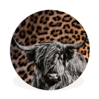 Produktbild von MuchoWow® Rundes Wandbild - Runde Bilder Schottischer Highlander - Kuh - Pantherdruck Ø 90 cm Kreis Wanddekoration Kunststoff - Wandkreis - Wandschmuck - Wand-Kreis - Wohnzimmer - Bild - Runde - Wanddeko - Dibond - Kunstdrucke