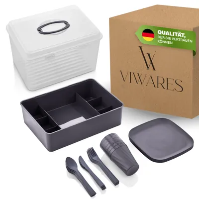 Immagine prodotto di Set di stoviglie da picnic Viwares per 6 persone - set da campeggio da 33 pezzi in plastica robusta - con piatti, tazze, posate e inserto - scatola da trasporto senza BPA con maniglia per il trasporto - scatola da picnic per esterni