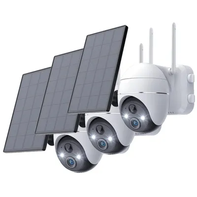 Produktbild von 3 Stücke 3MP 2K Überwachungskamera Aussen Akku Solar mit 355°/140° Pan Tilt 20m Farbnachtsicht PIR Bewegungsmelder Sirene/Weißlichtalarm