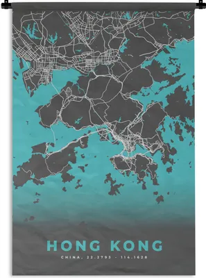 Produktbild von MuchoWow® Wandteppich Wandbehang Hongkong - Stadtplan - Karte - Blau 60x90 cm Tapisserie Dekoration Wandtuch - Foto-Teppich - Abwaschbar
