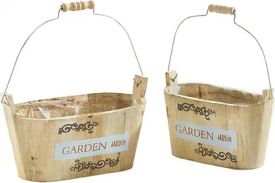 Produktbild von 2 Pflanzeimer aus Holz mit Henkel im Retro Look, Blumentopf, Pflanztopf, Pflanzgefäß, Übertopf, Gartendeko für Draußen