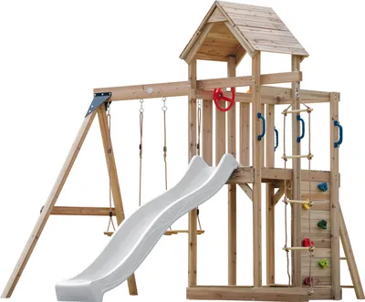 Produktbild von AXI Moos Spielturm aus Holz mit 2 Schaukeln & Strickleiter | XXL Spielhaus / Spielplatz für Kinder mit Kletterwand, Sandkasten & Rutsche in Weiß | Schaukelgerüst für den Garten