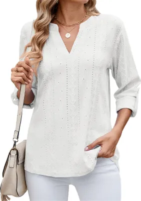 Image de ASKSA Chemise Femme 3/4 manches col V Manches longues T-shirts Jacquard Tunique Elégante Chemise Casual Chemisier Basic Hauts (Blanc,L)