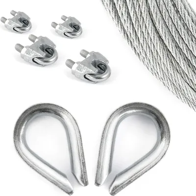 Immagine prodotto di CORDA D'ACCIAIO + 4 CLAMPS + 2 CUPS 8mm 10 metri 6x19 Corde Corda d'acciaio Corda d'acciaio DIN zincata