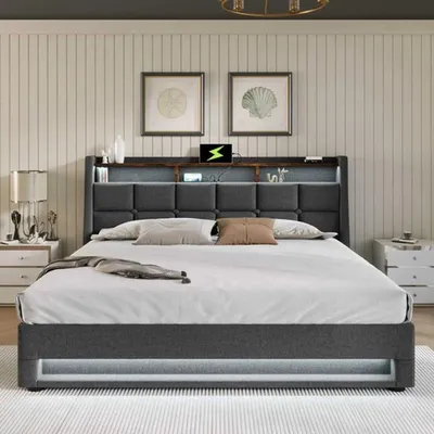 Productafbeelding van Gestoffeerd bed met USB - grijs - tweepersoons - 140x200 cm - linnen - met opbergruimte