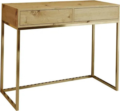 A modern desk with a wooden top and gold metal legs, presented against a white background.