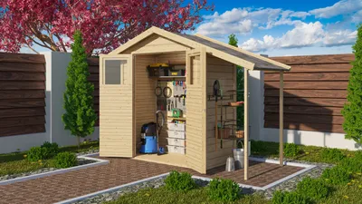 A wooden garden shed with its doors open, displaying tools and storage inside, set in a garden with a paved path and greenery.