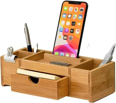 Immagine prodotto di Uniqoos® Organizer da scrivania in bambù – Scaffale portaoggetti per ufficio e casa, con 3 scomparti, 1 cassetto, portapenne e supporto per smartphone, salvaspazio e resistente