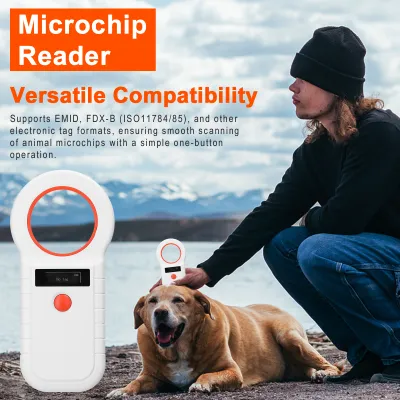Image de Lecteur de puces électroniques pour animaux de compagnie Scanner sans fil RFID 2.4G/BT Scanner de puces rechargeable avec écran OLED Support EMID FDX-B (ISO11784/85) Stockage de 128 données pour la gestion des animaux de compagnie