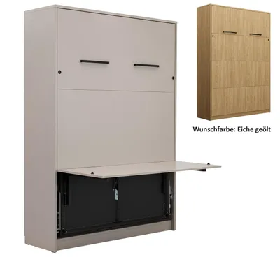 Produktbild von Schrankbett Wandbett Klappbett vertikal GN 140x200 mit Schreibtisch und LED eiche geölt