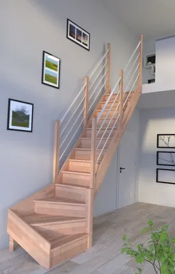 Produktbild von Holztreppe Rhodos in 1/4 gewendelter Ausführung rechts-Buche-Holz-Edelstahl Geländer weiß-beidseitig-mit Setzstufen