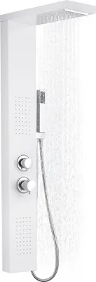 A white shower panel with water flowing from the top and a handheld showerhead.
