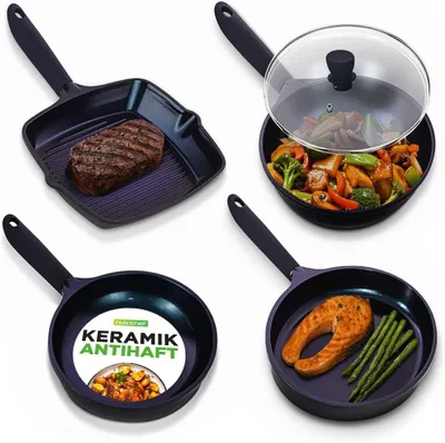 Zdjęcie produktu dla Zestaw patelni NutriChef, 5 elementów – patelnia grillowa, patelnia wok, patelnia do smażenia 28 cm, patelnia do ryb owalna, pokrywka szklana nieprzywierająca, nadaje się do kuchenek indukcyjnych