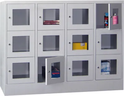 Produktbild von Schließfachschrank - Sichtfenstertüren - 12 Fächer a 400 mm - 1.187x1.600x500 mm (HxBxT) - Sockel - Zylinderschloss - anthrazitgrau/lichtblau