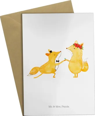 Produktbild von Mr. & Mrs. Panda Klappkarte Füchse Hochzeit - Weiß - Geschenk, Hochzeitskarte, osterkarten, babykarte, neujahrskarte, weihnachtskarten, vatertagskarte, dankeskarten