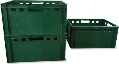 Three green plastic crates are shown against a white background. Two crates are stacked on top of each other on the left, and one crate is placed to the right.