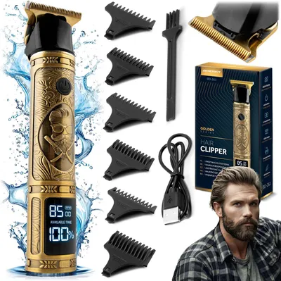 A collage of product images showing a gold hair clipper, its accessories, packaging, and a model.