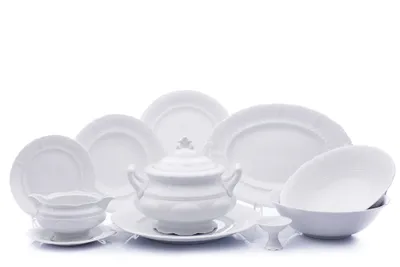 Zdjęcie produktu dla Zestaw obiadowy Sonata, biała koronka, biała porcelana, Leander, 25 elementów