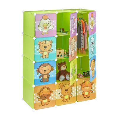 Produktbild von Relaxdays Steckregal Kinderzimmer, süße Tiermotive, Türen, Kleiderstangen, Kunststoff Kleiderschrank HxB 145x110cm, grün