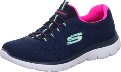 A single navy blue Skechers sneaker with pink and mint green accents is shown against a white background.