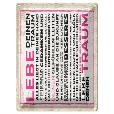 Produktbild von Blechschild Wandbild in : Brillante Farben, Größe 30 x 40 cm Motiv Blechschild Spruch 30x40 cm Lebe deinen Traum Deko Schild