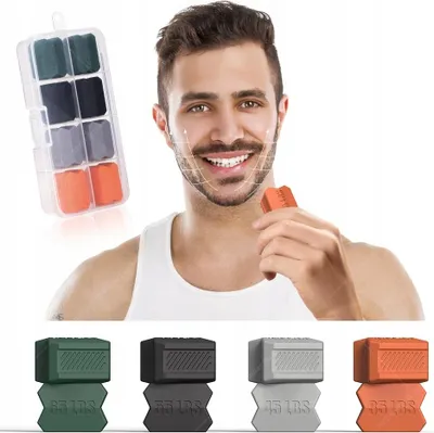A man smiling and holding a jaw exerciser, with a set of jaw exercisers in a case in the background. Below are four individual jaw exercisers in different colors.