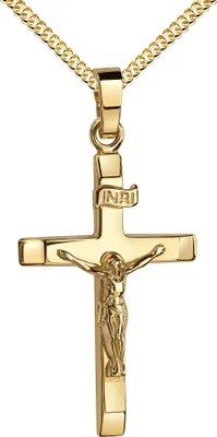 Produktbild von Gold Kreuz-Anhänger Kruzifix Jesus Christus Kettenanhänger 585 Gold 14 Karat 14K.  Mit Kette 925 Silber vergoldet 50 cm
