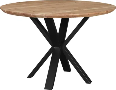 Produktbild von Runder Esstisch 120 cm Kimberly, Akazienholz naturfarben + massiv, Esszimmertisch mit Schweizer Kante, Spider-Gestell Metall Schwarz, pflegeleichter Holztisch