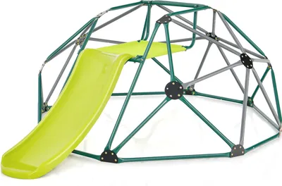 A geodesic dome climbing frame with a slide and a platform, set against a white background.