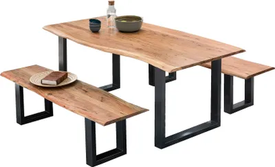 Produktbild von SIT Möbel Esstisch-Set 3-tlg. | 1 Tisch, 2 Bänke | Platten Akazie natur | Gestell Stahl antikschwarz | B 180 x T 90 x H 77 cm | 18007-00 | Serie TOPS & TABLES