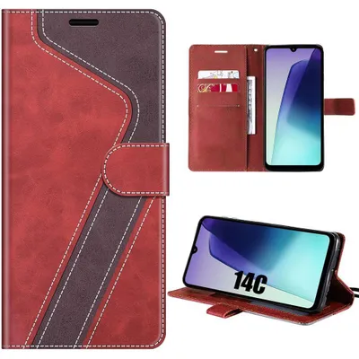 Image de Coque pour Xiaomi Redmi 14C, Protection Intégrale Antichoc Anti-Rayures Cuir Synthétique Rouge