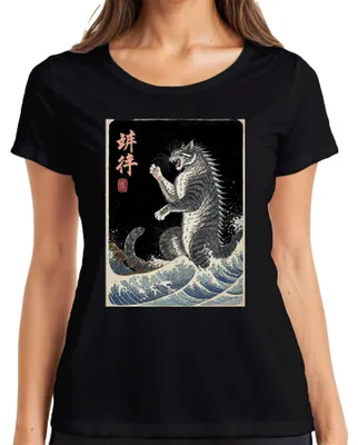 Immagine prodotto di Maglietta da donna vintage giapponese, motivo "Kampfkatze Ukiyoe Meereswellen", colore nero, taglia S
