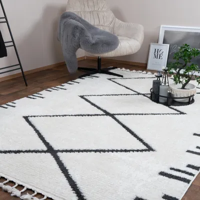 Zdjęcie produktu dla CONSILIO CONCEPT 200 x 290 Dywan do salonu kość słoniowa kremowy biały Berber krótkie runo z frędzlami Boho marokański Projektant Scandi