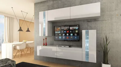 Produktbild von FURNITECH Wohnwand Wohnzimmer | Wohnzimmer Möbel mit LED RGB - 16 Farben | Hängend Wohnwand Modern | Wohnzimmer Schrankwand mit Regale und TV Schrank (Future 30/HG/W/2 1A | 203cm)