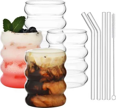 Image de Verres à glace avec paille, lot de 4, 350 ml, striés, pour cocktails et boissons