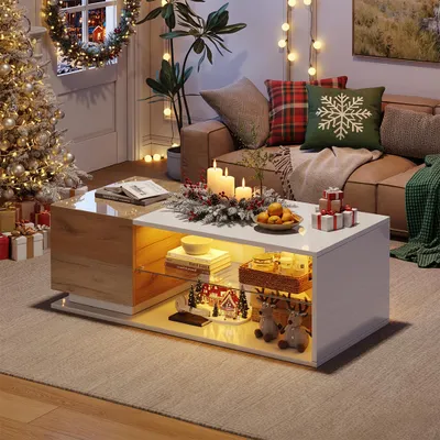 Produktbild von MODFU Couchtisch Wohnzimmertisch mit LED-Beleuchtung,Beistelltisch mit Hochglanz-Design,Kaffeetisch Sofatisch mit Stauraum,105x50x36cm,Weiß+Eiche