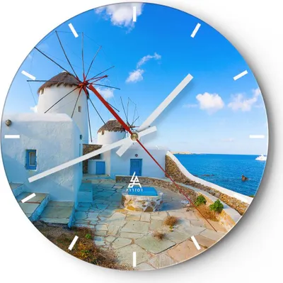 Produktbild von Wanduhr - Rund - Glasuhr - Griechenland Insel Küste Haus - 40x40cm - Schleichendes Uhrwerk - Lautlos - zum Aufhängen bereit - Dekoration Modern - Wanddekoration aus Glas - C3AR40x40-2424