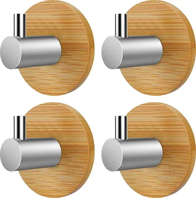 Produktbild von Holz Bambus Wandhaken, 4pcs Selbstklebend Haken Klebehaken Holz Edelstahl & Bambus Bademantelhaken Holz Selbstklebend Bademantelhaken Ohne Bohren