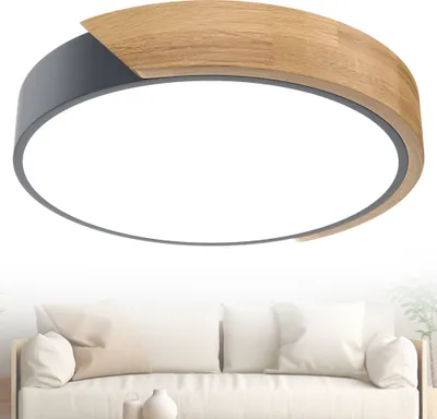 Image de UISEBRT Plafonnier LED blanc froid 48W en bois avec enveloppe extérieure grise, luminaire salle de bain luminaire couloir luminaire cuisine plafonnier salon pour la maison