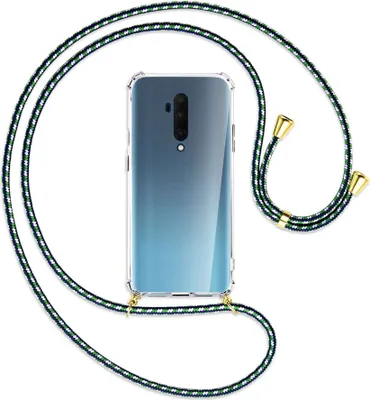 Produktbild von Handykette Backcover-Schutzhülle mit Band (Metall goldfarben) für OnePlus 7T Pro - grün/blau/weiß