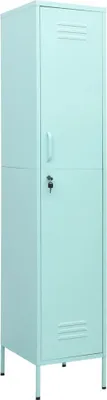 A tall, mint green metal locker with a single door and a lock.