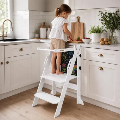 Produktbild von Lernturm mit Tafel für Kinder,Faltbarer Learning Tower aus Holz,Montessori Entdeckerturm Stehhilfe Küchenhelfer Tritthocker für Küche/Arbeitsplatte