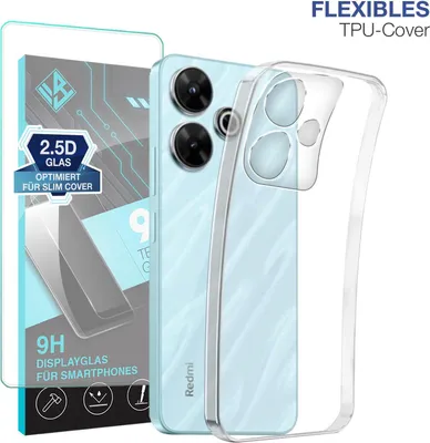 Produktbild von Slim Cover für Xiaomi Redmi 13 mit 9H Displayglas Displayschutz Hülle Transparent Flexibel Elastisch Backcover Schutzhülle Handyhülle