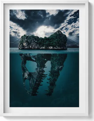 Produktbild von Abstrakte Illustration einer Totenkopfinsel– Wandbild mit Rahmen – Gerahmtes Bild  – Wanddekoration – 60x80 cm –  Weiß Rahmen