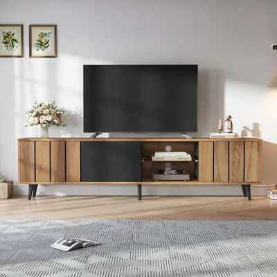 Image de Parrot Uncle Meuble TV, support TV pour le salon, meuble TV, couleur bois originale + noir, Convient pour TV 75 pouces, 175*31.5*45cm