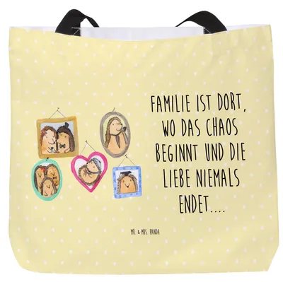 Produktbild von Mr. & Mrs. Panda Schultasche Igel Familie - Gelb Pastell - Geschenk, Tasche, Papa, Bilder, Bruder, Einkaufstasche, Tote Bag, Tragetasche, Liebe, Laptoptasche