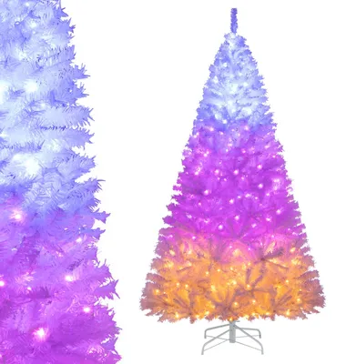 Imagen del producto de COSTWAY, árbol de Navidad artificial de 225 cm con 1346 puntas de PVC, árbol de pino con 400 luces LED de 3 colores, 11 modos de iluminación y base de metal, árbol de Navidad blanco